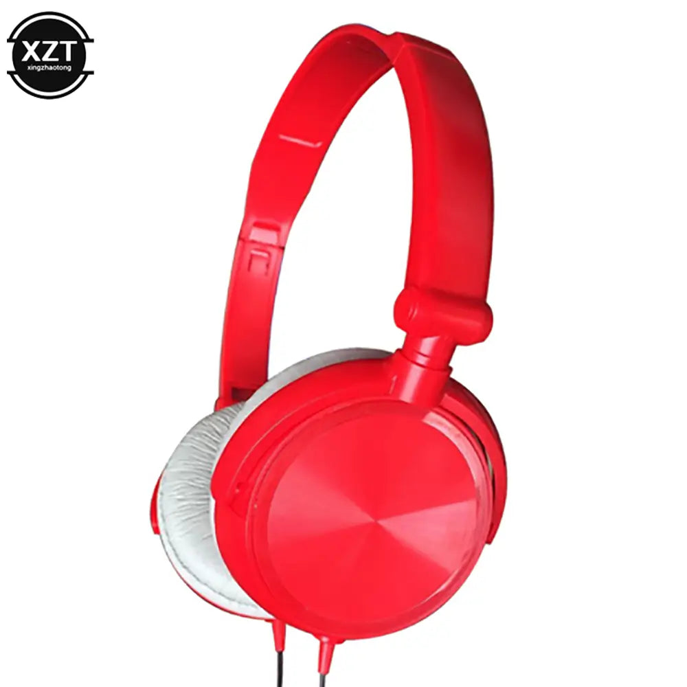 Vibrant red wired headphones with a glossy finish, white padded ear cushions, and hd sound featuring ear headsets bass hifi stereo.