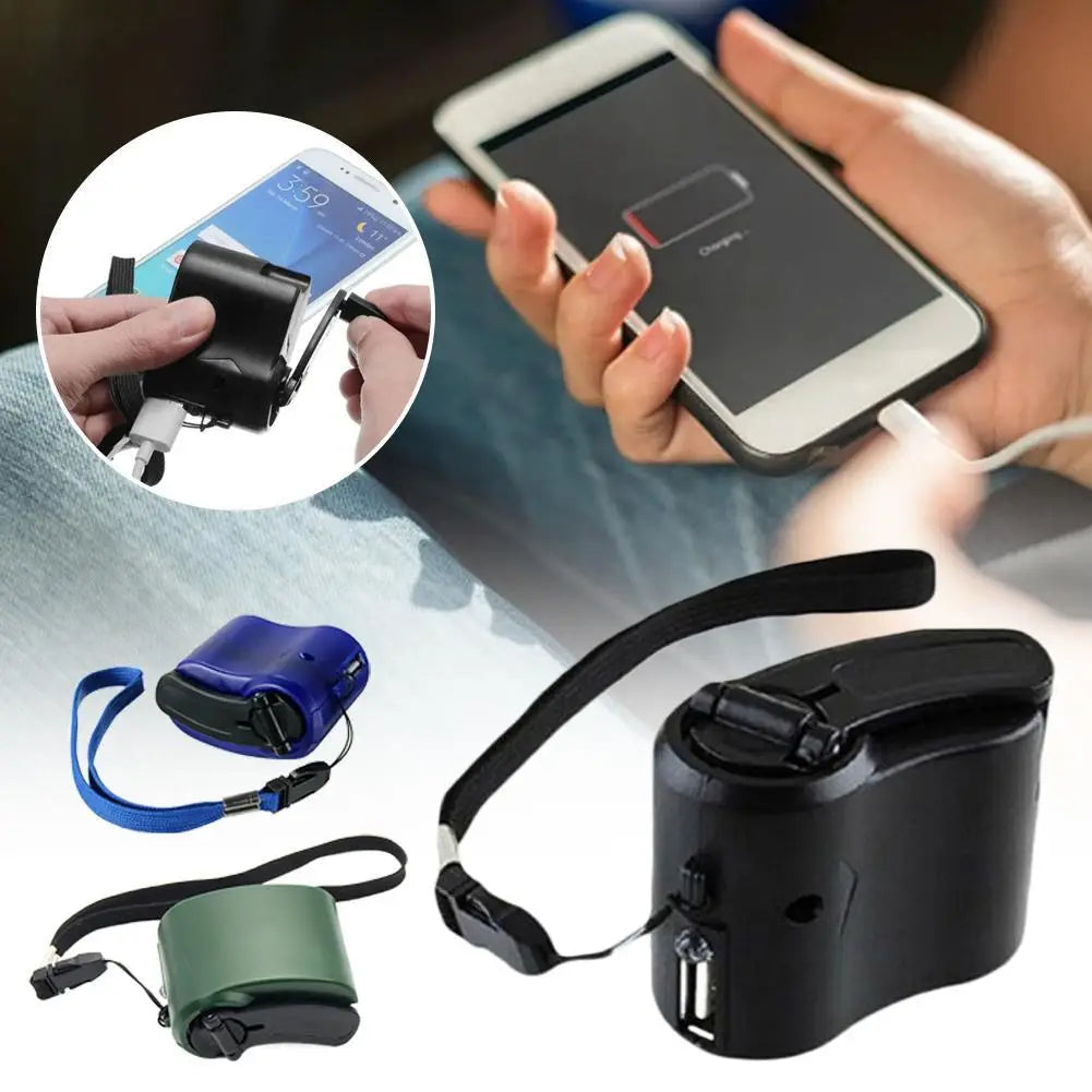 Black portable hand crank emergency phone charger with retractable usb cable and adjustable strap for cell phone battery backup.