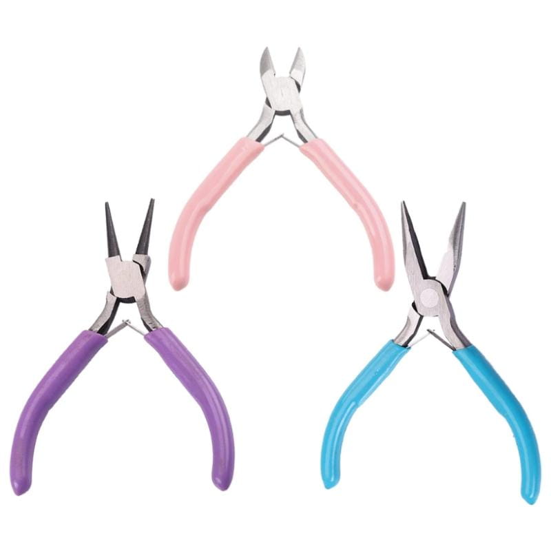 Ensemble de trois pinces à bijoux avec des poignées ergonomiques colorées rose, violette et bleue, conçues pour le travail et les réparations.