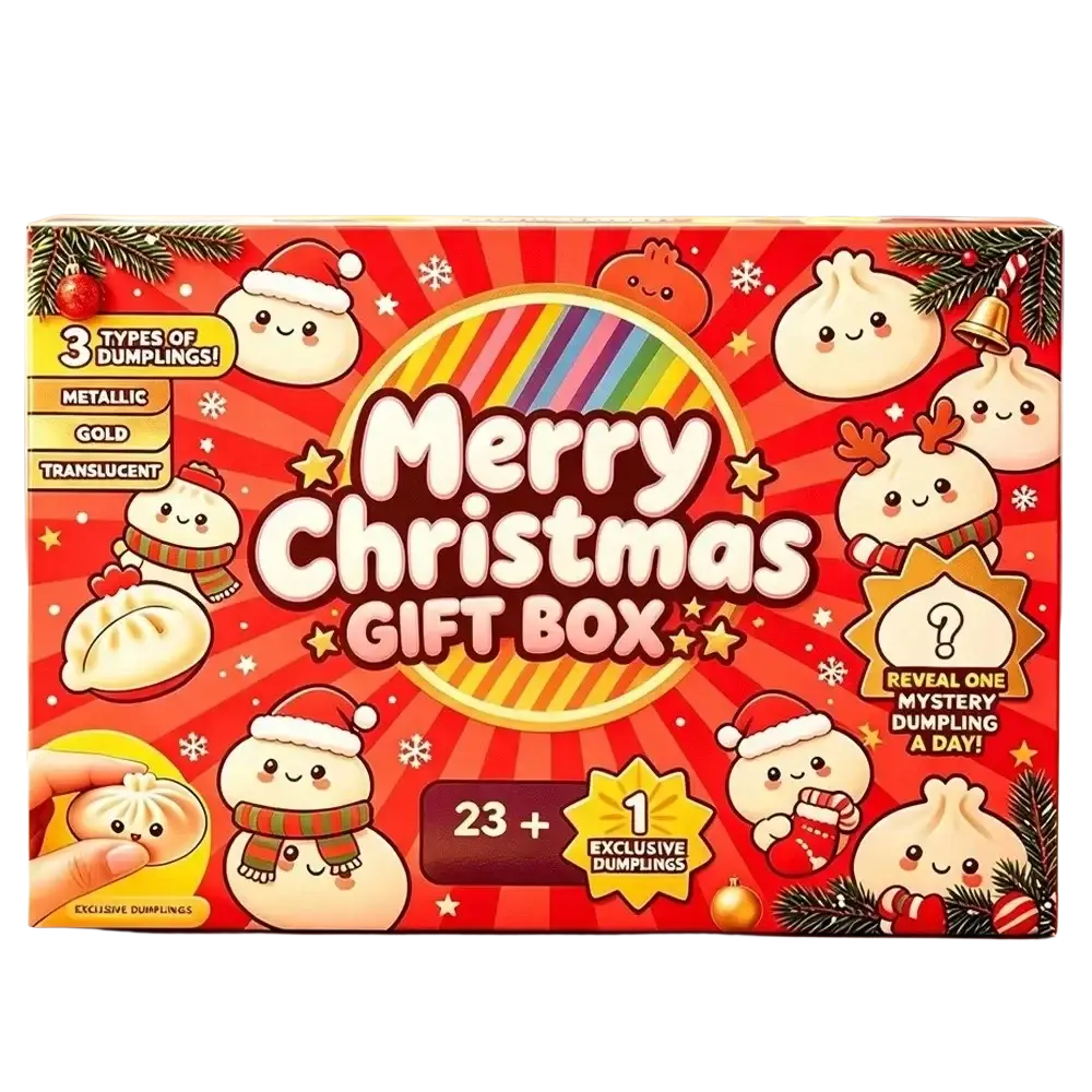 Red merry christmas dumpling advent calendar gift box featuring cartoon dumplings in metallic gold and translucent finishes