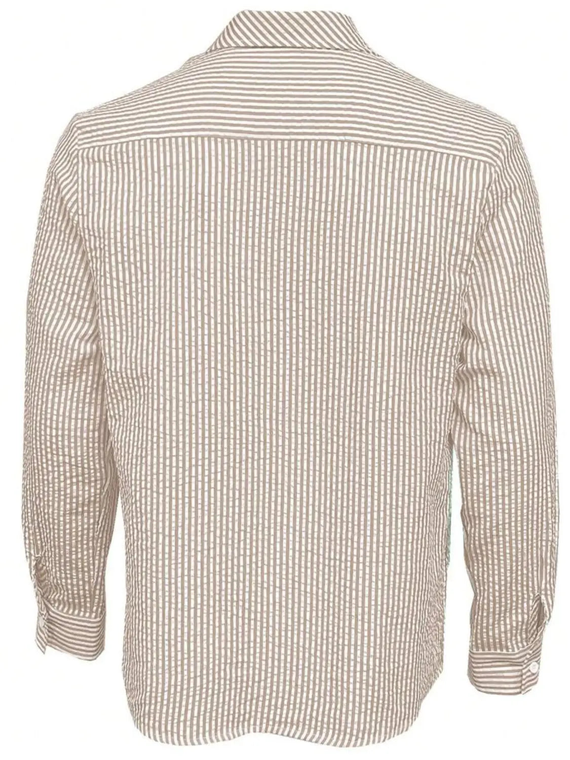 Chemise décontractée boutonnée manches longues à rayures bleues pour homme, avec beige et rayures verticales blanches et col classique.
