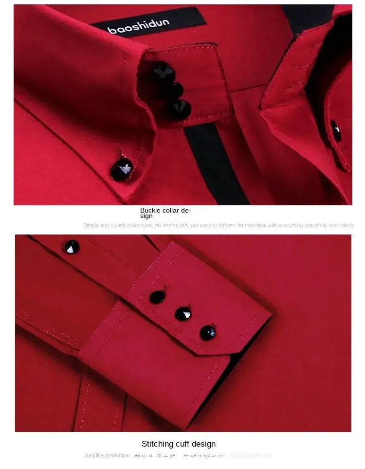 men slim fit long sleeve dress shirt in red with black buttons and subtle black stripe detail for formal wear