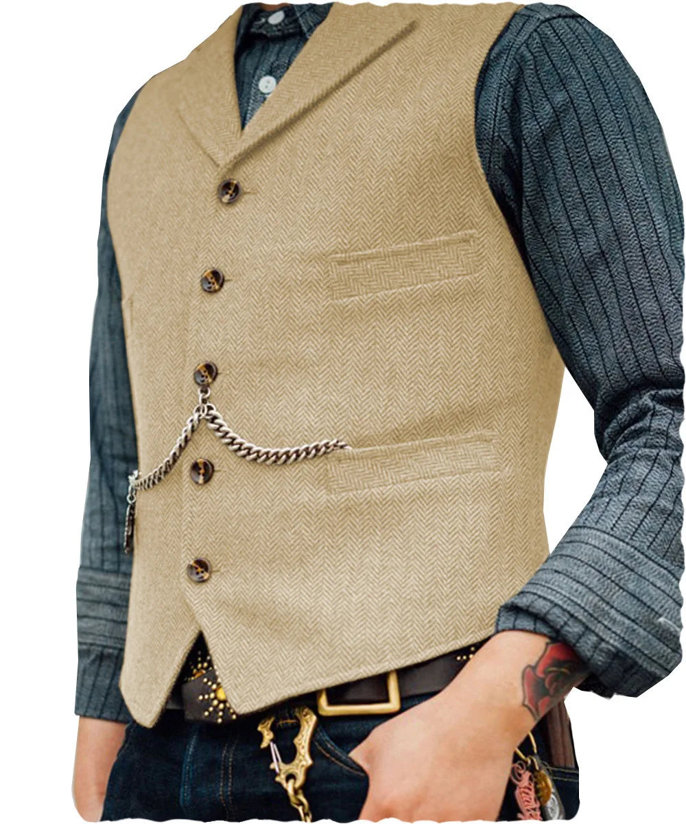 Mens Suit Vest Lapel V Neck Herringbone Casual Business Vest Waistcoat Groomman For Wedding Tweed Business Waistcoat