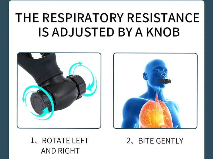Black plastic knob with textured grip for adjusting respiratory resistance on a respiratory trainer lung fitness device.