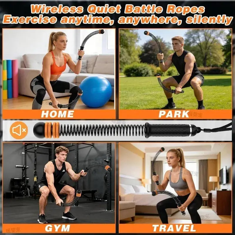 Ropeless battle rope adjustable fitness training equipment in black and orange with a spring mechanism for silent resistance training.