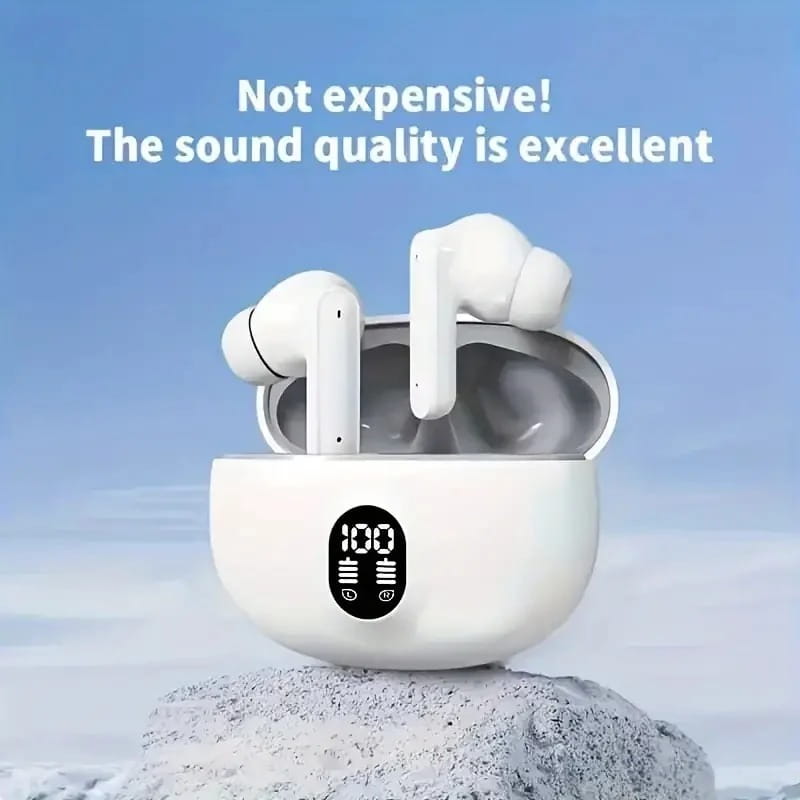 white wireless bluetooth earbuds with sleek ergonomic design nestled in matching white charging case featuring led display showing 100 percent battery for sport use