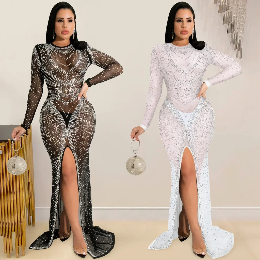 Autumn Winter Fashion Elegant Evening party luxury Long Dress Women's Net Gauze Perspective Long Sleeve Slit Nightclub Dress