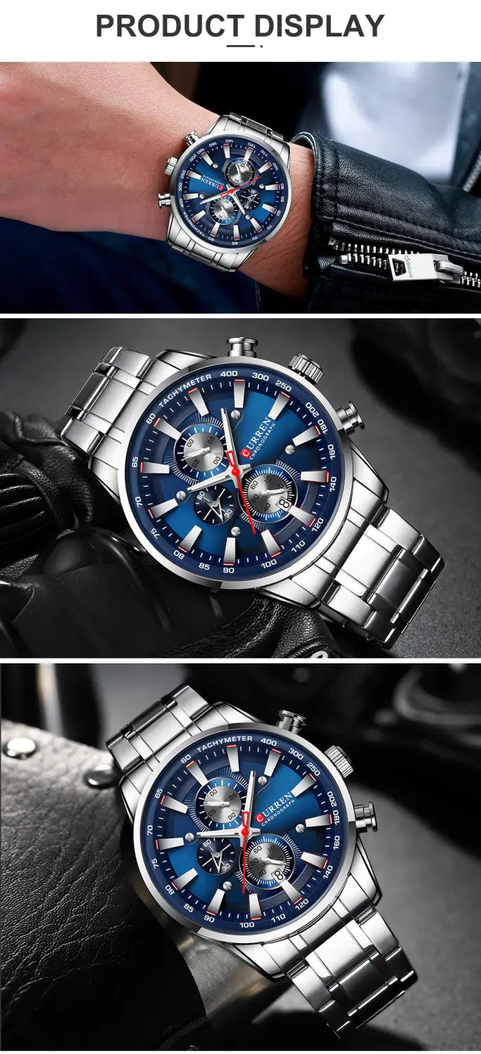Curren mens chronograph stainless steel watch with blue dial and silver stainless steel case and bracelet.