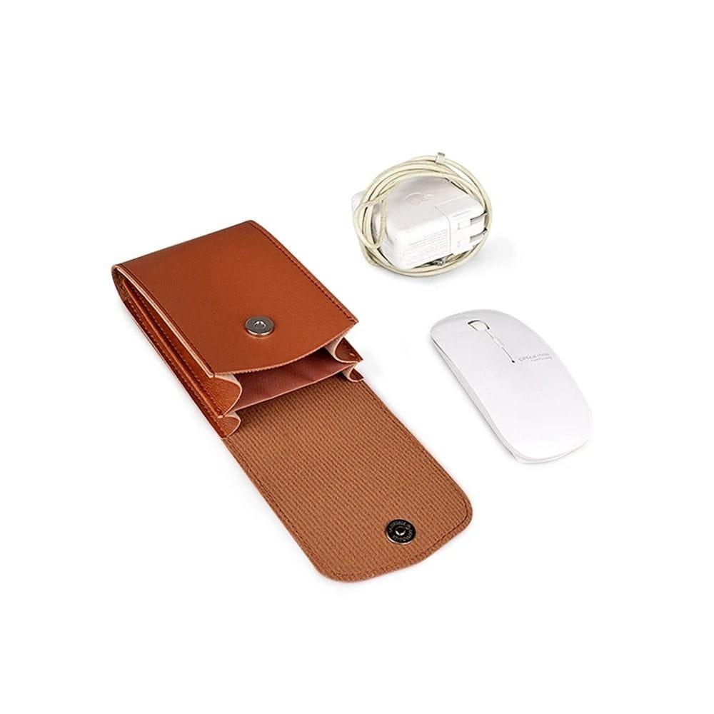 brown leather wallet style pu leather digital storage bag with flap closure and two snap buttons for portable cable organization