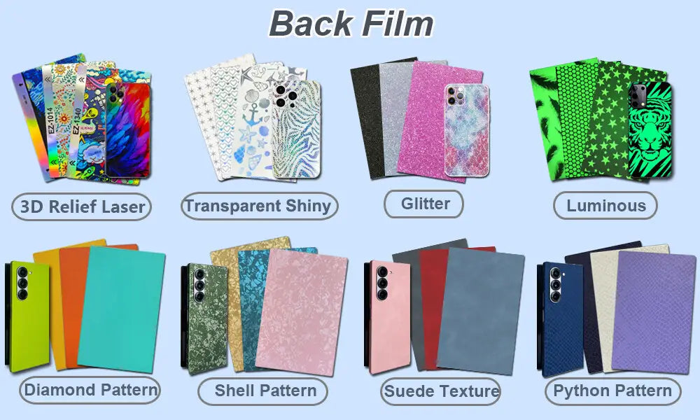 El reverso de varias películas de la máquina de laminación al vacío de película protectora para teléfonos móviles, con patrones láser en relieve 3D en colores arcoíris y diseños transparentes brillantes, con enfoque en la reducción del costo de envío.