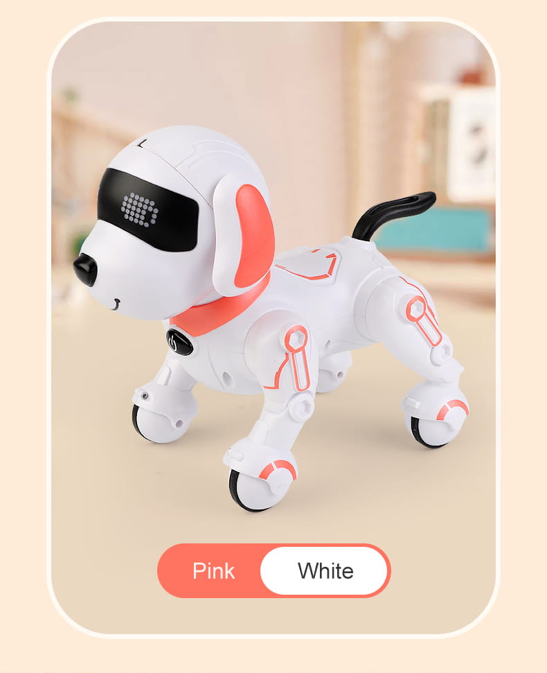 Rc robot dog interactive smart electronic stunt pet in white and pink with orange accents featuring led eyes and wheels for mobility.