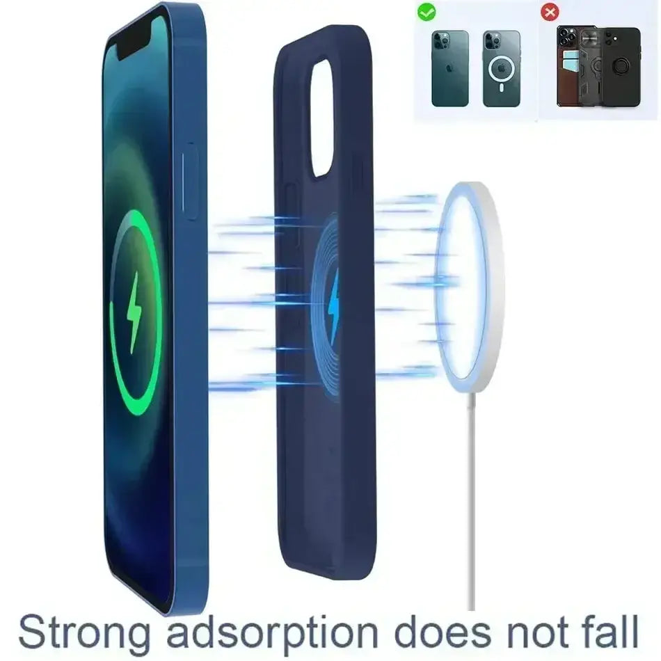 Eine dunkelblaue Silikon-Handyhülle für iPhone Pro Max mit integrierter magnetischer kabelloser Lade-Spule und magnetischer Ringbefestigung, dargestellt von der Rückseite.