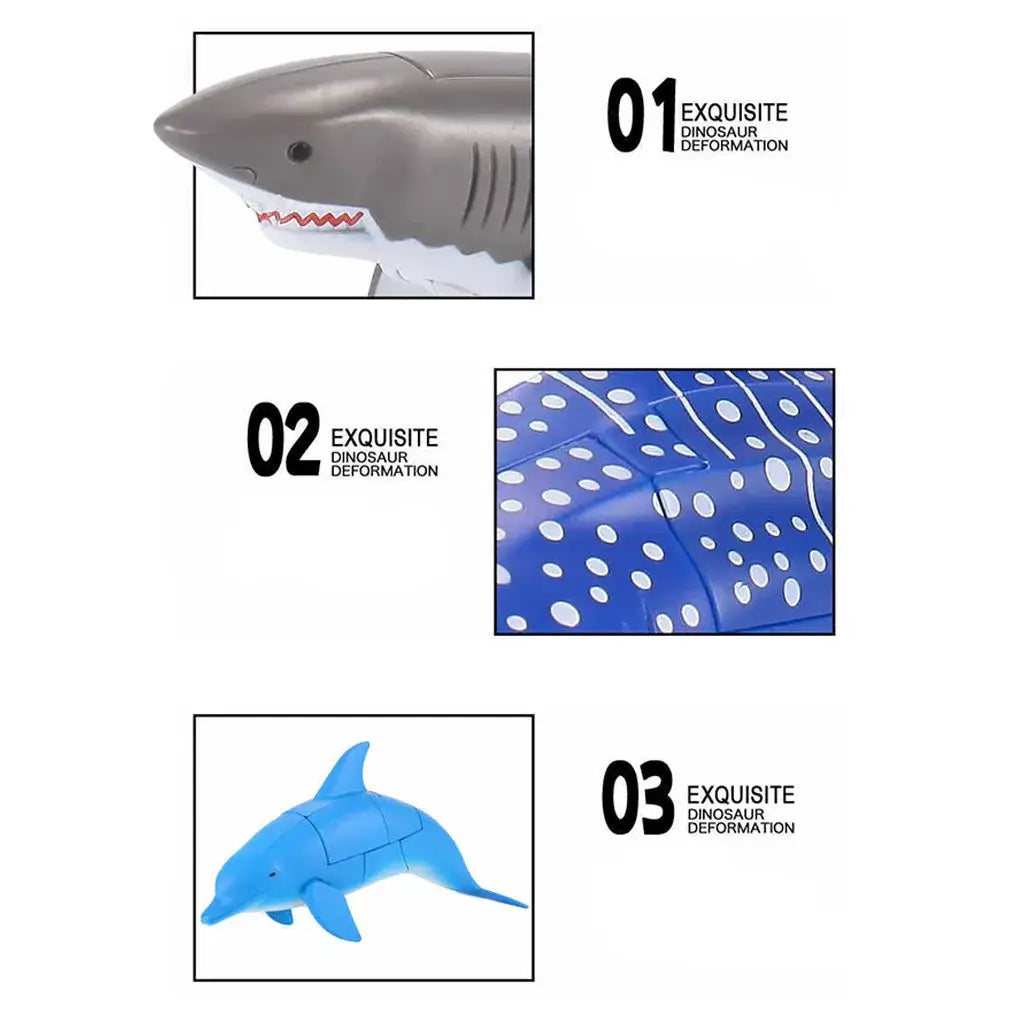 Gray plastic shark transforming robot toy with white underbelly and red zigzag teeth as finished goods product.