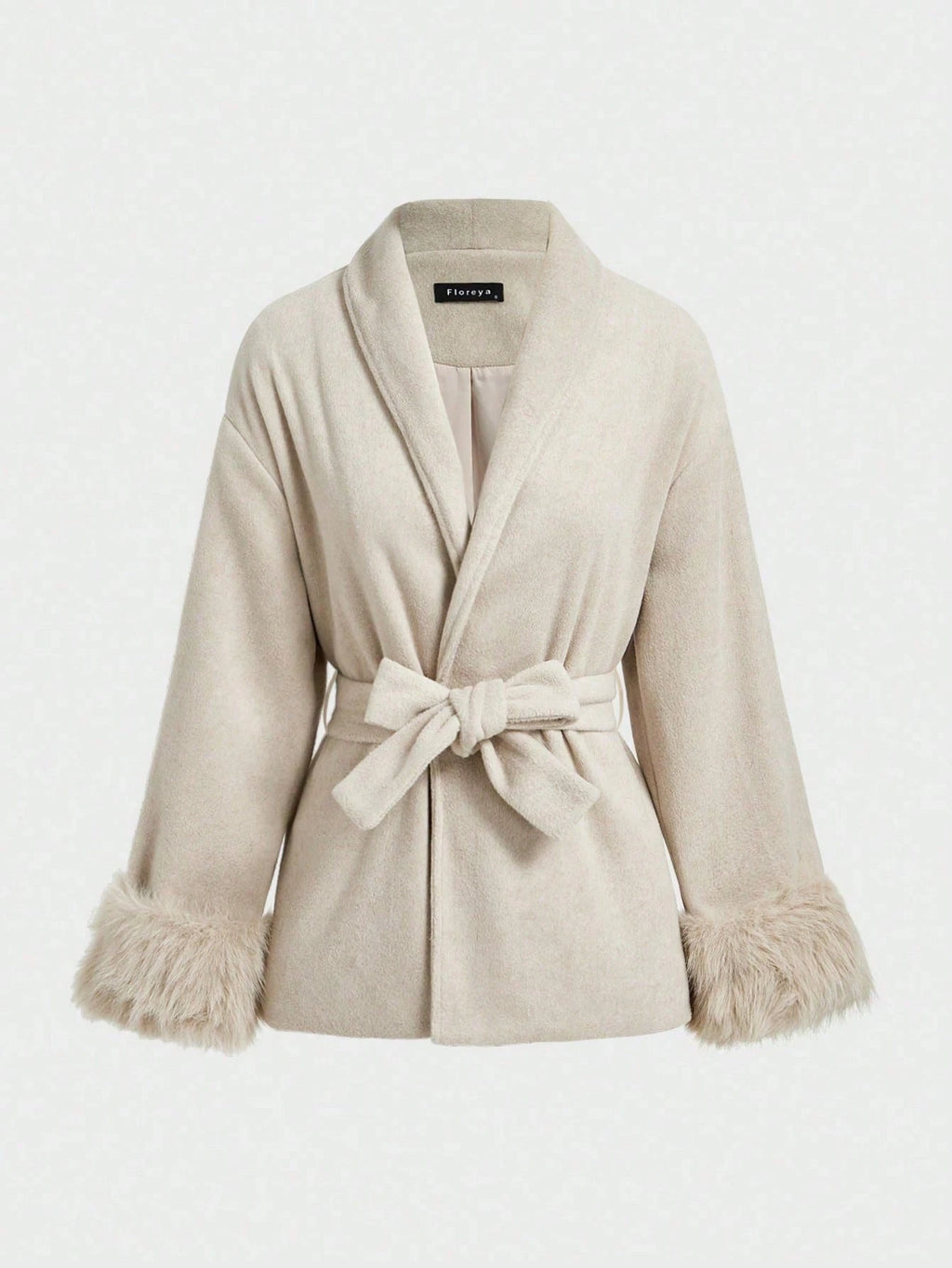 Women Winter Wrap Coat Wool Blend Belted Faux Fur Cuff Beige 2026 New Elegant Old Money Office Outerwear