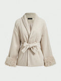 Women Winter Wrap Coat Wool Blend Belted Faux Fur Cuff Beige 2026 New Elegant Old Money Office Outerwear