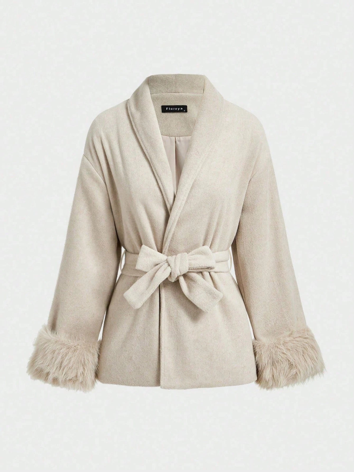Women Winter Wrap Coat Wool Blend Belted Faux Fur Cuff Beige 2026 New Elegant Old Money Office Outerwear
