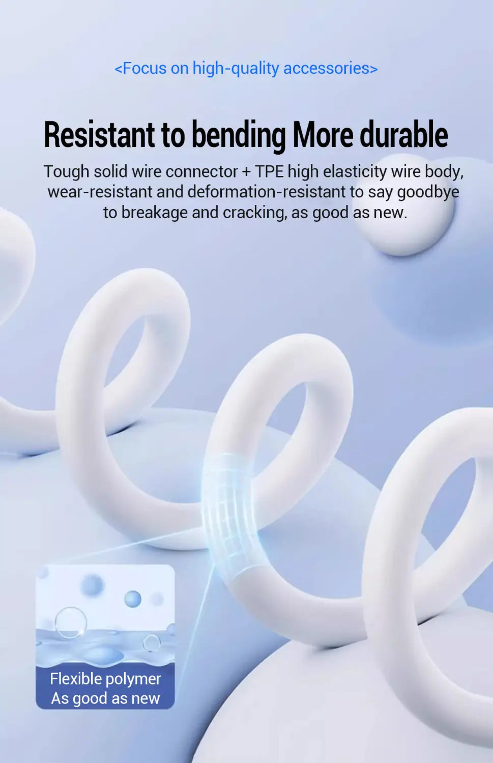 usb c to lightning fast charging cable featuring a white coiled flexible polymer wire with a tough solid wire connector and a tpe high elasticity body.