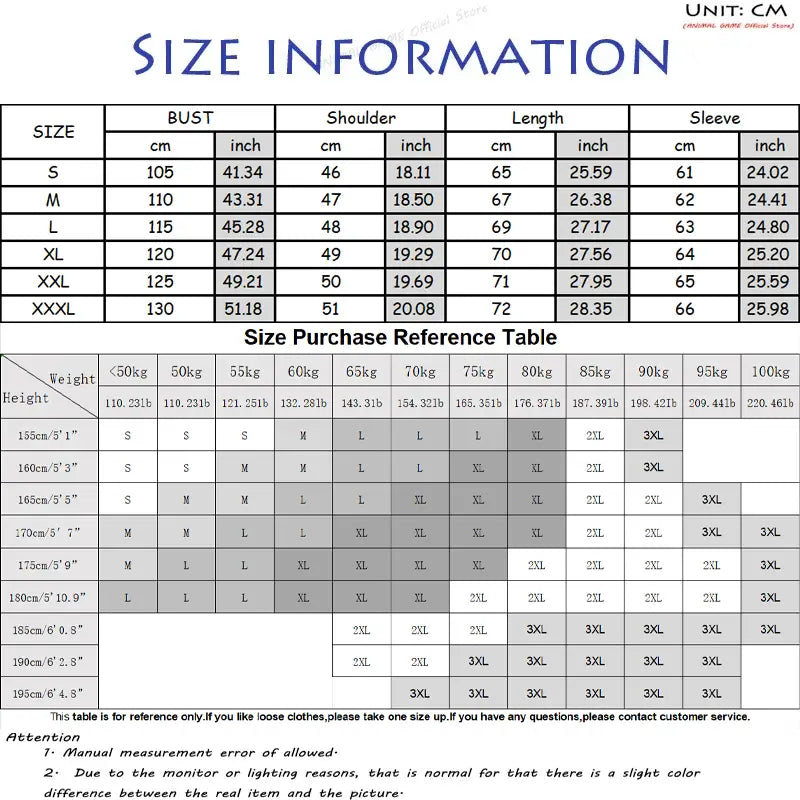 Size information chart for men waterproof hiking jacket windbreaker outdoor hooded coat showing measurements in centimeters and inches for sizes S to XXXL.