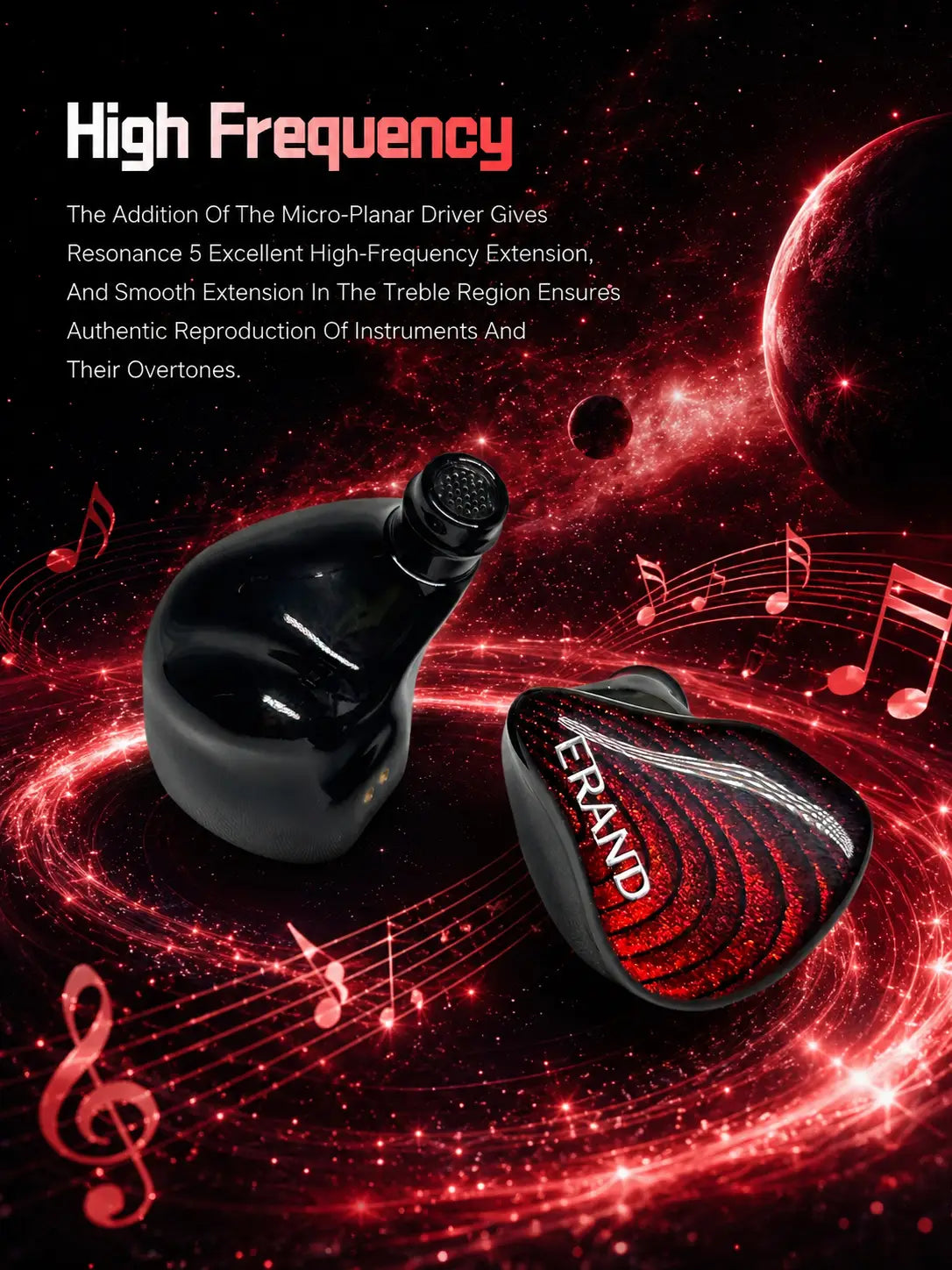 Les écouteurs intra-auriculaires noirs Erand Resonance 5 hybrides présentent une finition brillante, avec des accents scintillants rouges sur la coque extérieure, et intègrent un répartiteur 5 voies pour une réponse en fréquence améliorée grâce à une conception de crossover RLC.