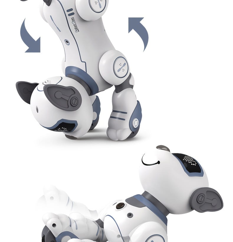 White and blue remote control robotic dog toy with black accents and sleek plastic design featuring a rechargeable battery.