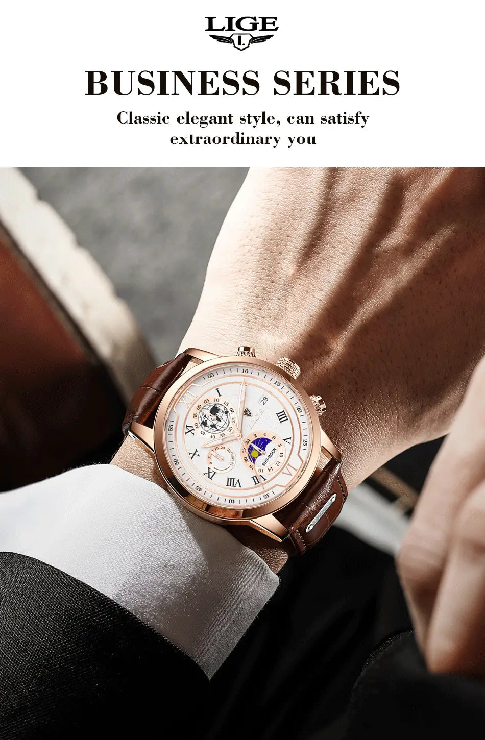 Herren-Lige-Uhr mit Roségold-Chronograph und Lederarmband, mit weißem Zifferblatt mit römischen Ziffern, Mondphasenanzeige und braunem Lederarmband.