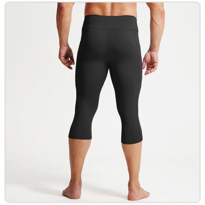 Men High Waist 7/8 Compression Pants Quick Dry Breathable Tight Sports Leggings Running Jogging Gym Fitness Training Workout Cap