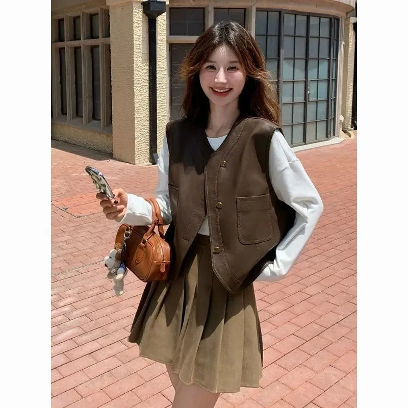 Short Leather Vest Jacket for Women Spring Autumn Super Popular European Retro