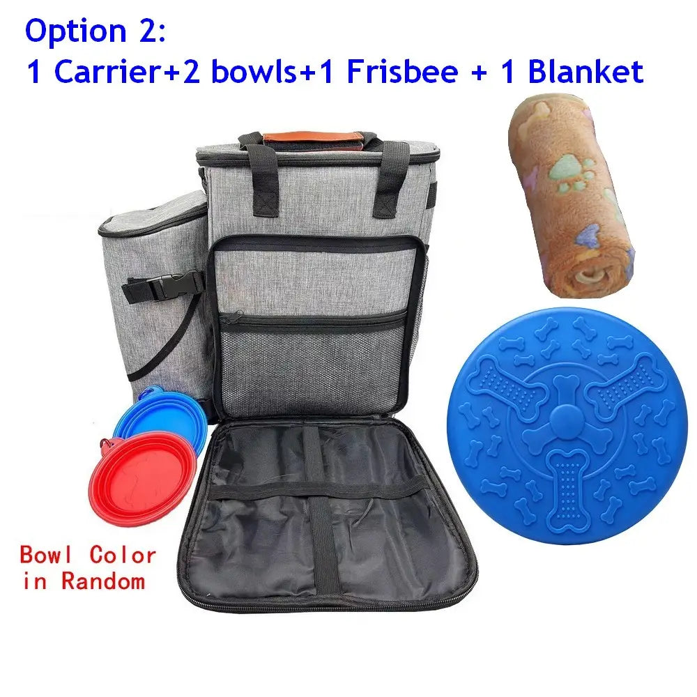 Gray fabric dog travel bag organizer backpack with black trim and handles, featuring multiple compartments for food carriers and pet supplies, airline approved for convenient travel.