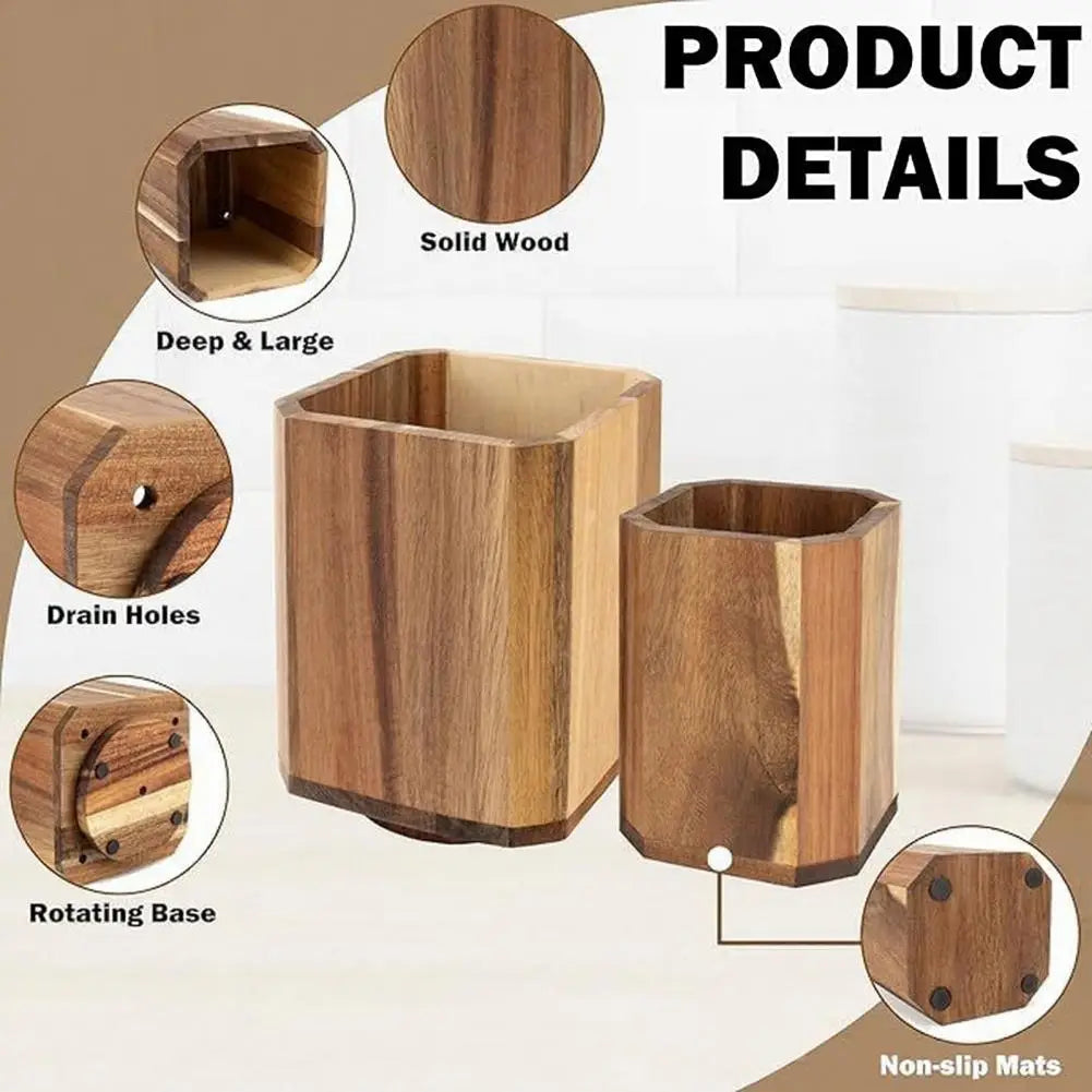Solid wood hexagonal wooden rotating kitchen utensil holder with natural grain finish and rotating bases for countertop organization.