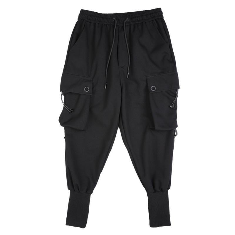 Herren schwarze Cargo-Jogginghosen mit Kordelzug im Bund, großen Seitentaschen, die mit runden Metallknöpfen gesichert sind, sowie verstellbaren elastischen Bündchen für den Freizeitgebrauch.
