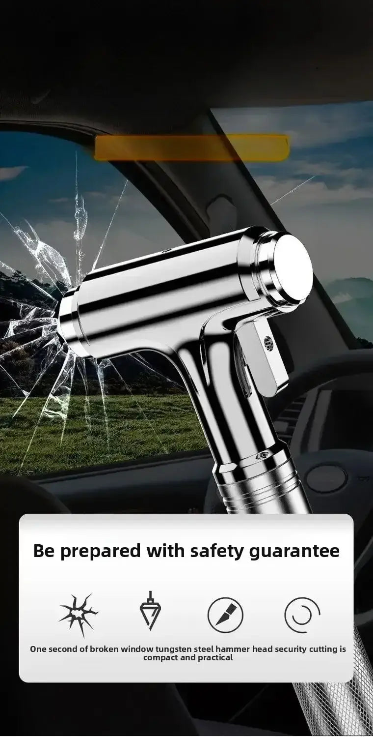 Shiny chrome car safety hammer and seat belt cutter featuring a t-shaped window-breaking tool with a tungsten steel hammer head.