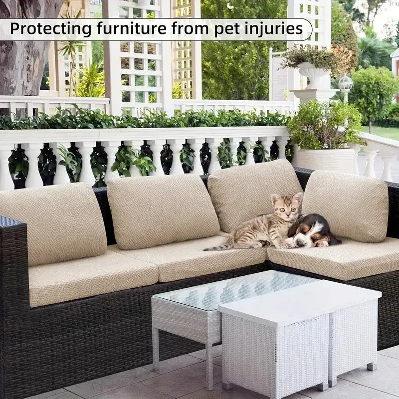 Dunkelbraunes geflochtenes Outdoor-Sofa-Modul aus Rattan/Korbgeflecht mit beigem strukturiertem Stretch-Sofakissenbezug, passend für eine Dicke von 5–20 cm und Größe 65–95 cm