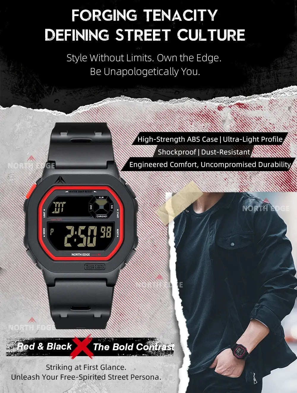 Black and red north edge digital watch with high-strength abs plastic case, battery included, featuring bold contrast colors and an ultra-light profile, 50m waterproof.