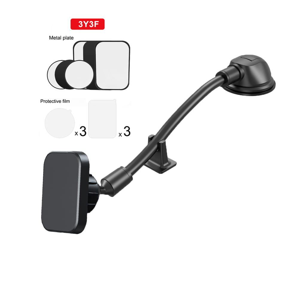 Black magnetic gooseneck long arm phone holder with a flexible arm and suction cup base for car use.