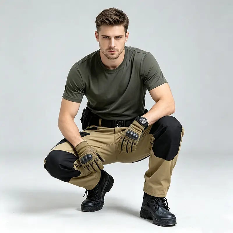 Men winter tactical cargo pants waterproof hiking trousers in tan with black reinforced knee patches worn with a matching olive green short-sleeved shirt.