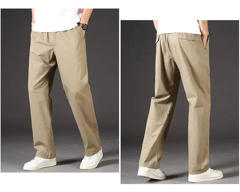 Men cargo pants cotton relaxed fit utility trousers in khaki featuring a drawstring waistband and side pockets with a relaxed fit
