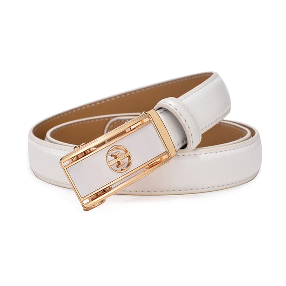 Ceinture à boucle automatique en cuir blanc véritable pour femmes, avec boucle rectangulaire plaquée or présentant un logo en relief.