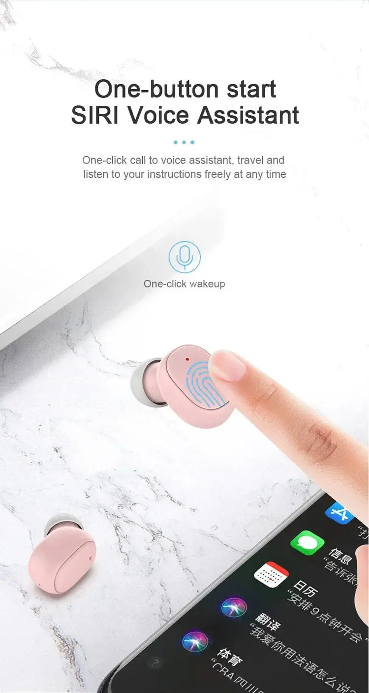 Rosa kabellose Bluetooth-Ohrhörer mit einem eleganten, minimalistischen Design und einer Soft-Touch-Oberfläche mit Touch-Steuerung zur Verwendung als Sport-Headset