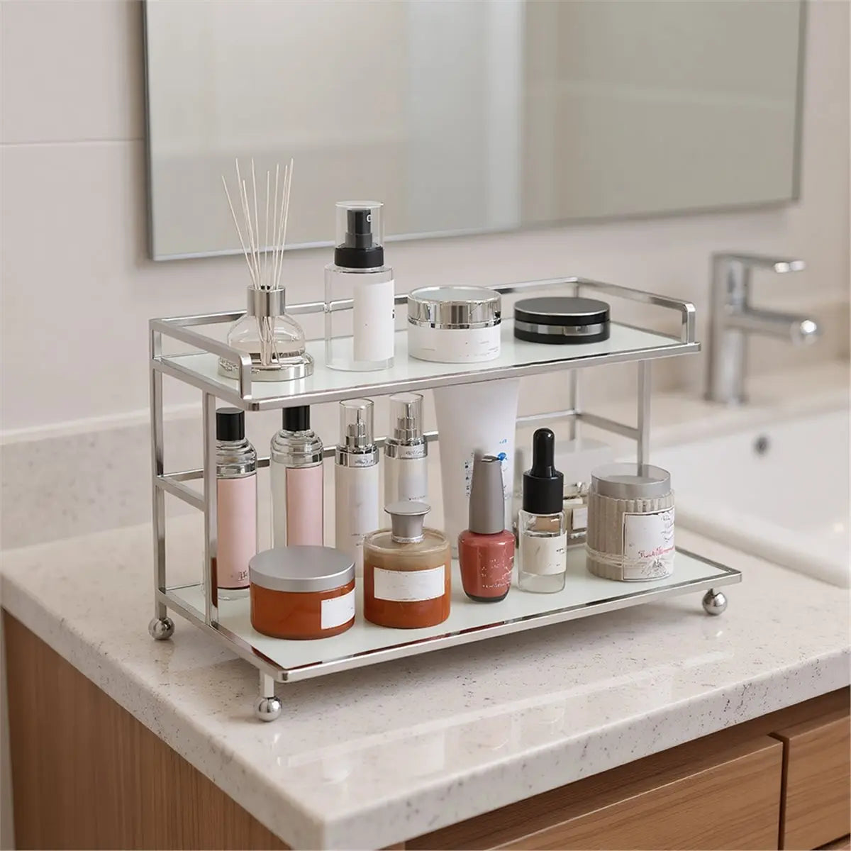 【Organizer】 Bathroom Cosmetic Storage Rack, Double-Layer Desktop Dressing Table Shelf, Bedroom Storage and Organization Rack.