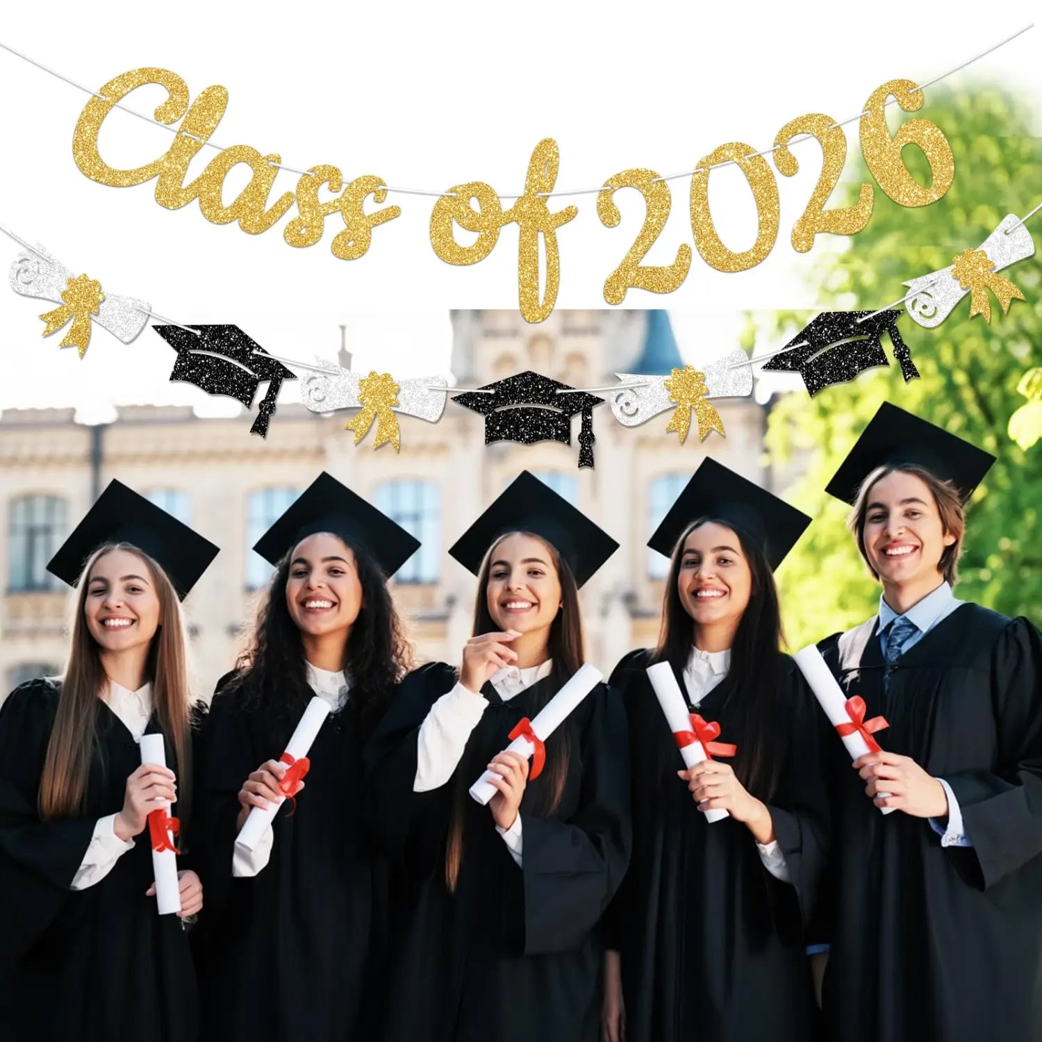 Class of 2026 graduation banner and garland featuring a gold glitter design with black and silver graduation cap and diploma cutouts for graduation celebrations.