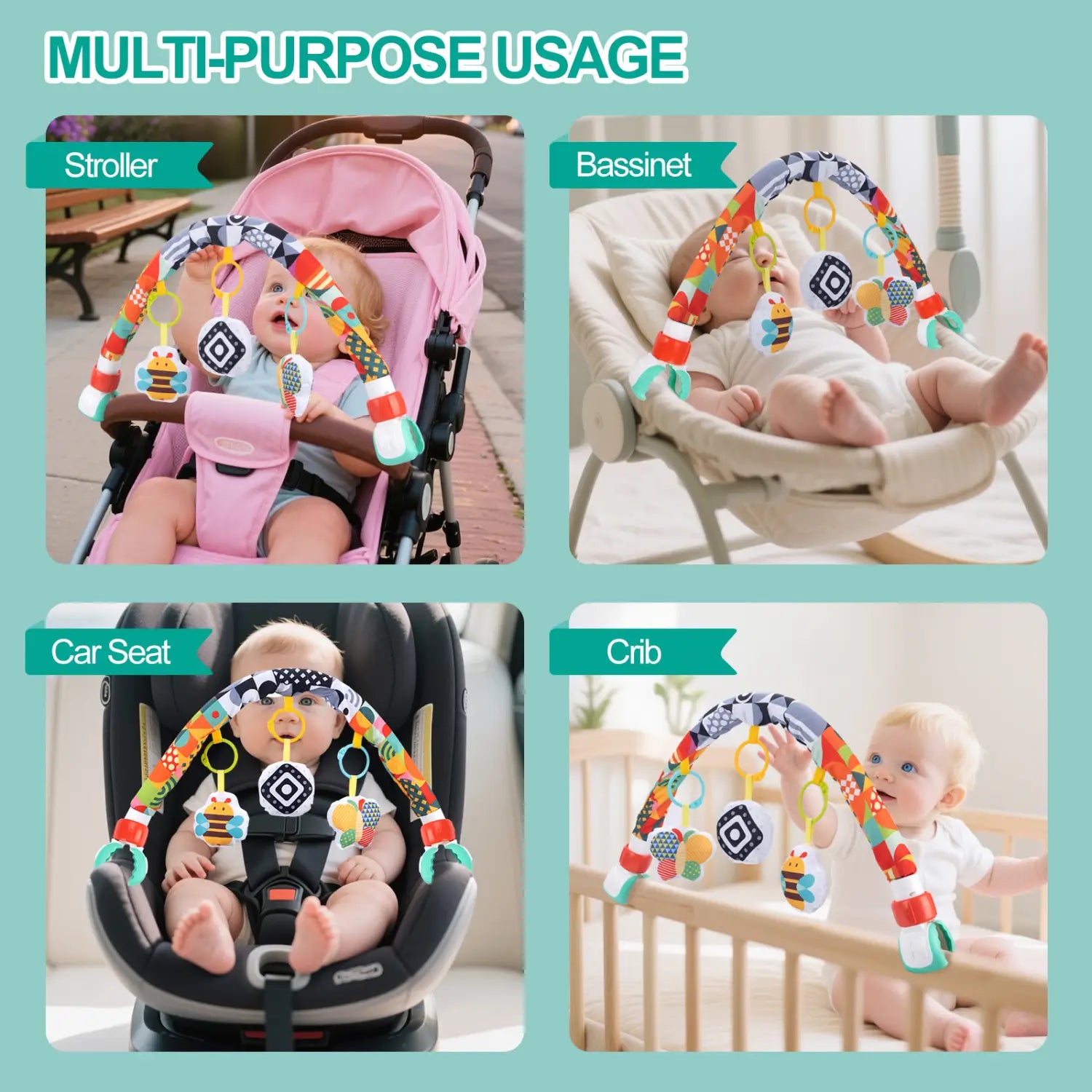 buntes weiches Stoff-Fahrwagenbogen-Spielzeug für sensorische Aktivitäten für Babys mit baumelnden Spielzeugen und geometrischen Mustern.