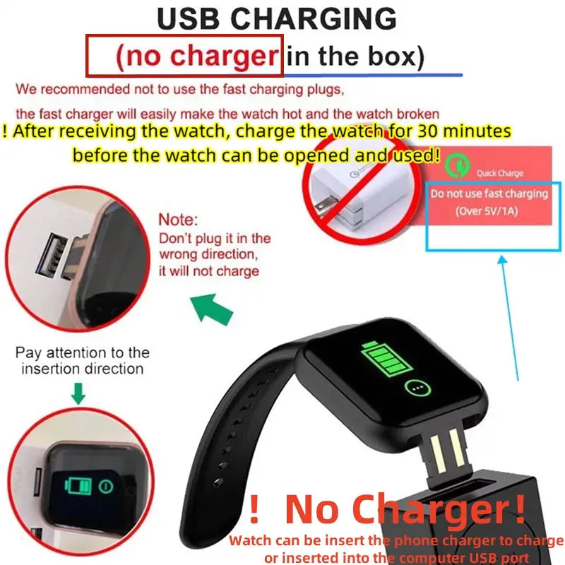 Black smartwatch fitness tracker with rectangular digital display showing green battery and menu icons connected to a USB charging port via its strap.