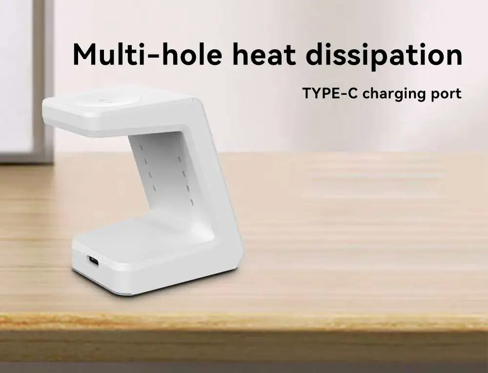 White plastic wifi weather clock wireless charger desk stand with multi-hole heat dissipation design and type-c charging port shown from the back side.