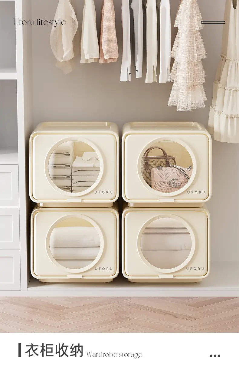 Cream-colored square uforu minimalist storage boxes with circular transparent windows and large capacity designed for organized storage.
