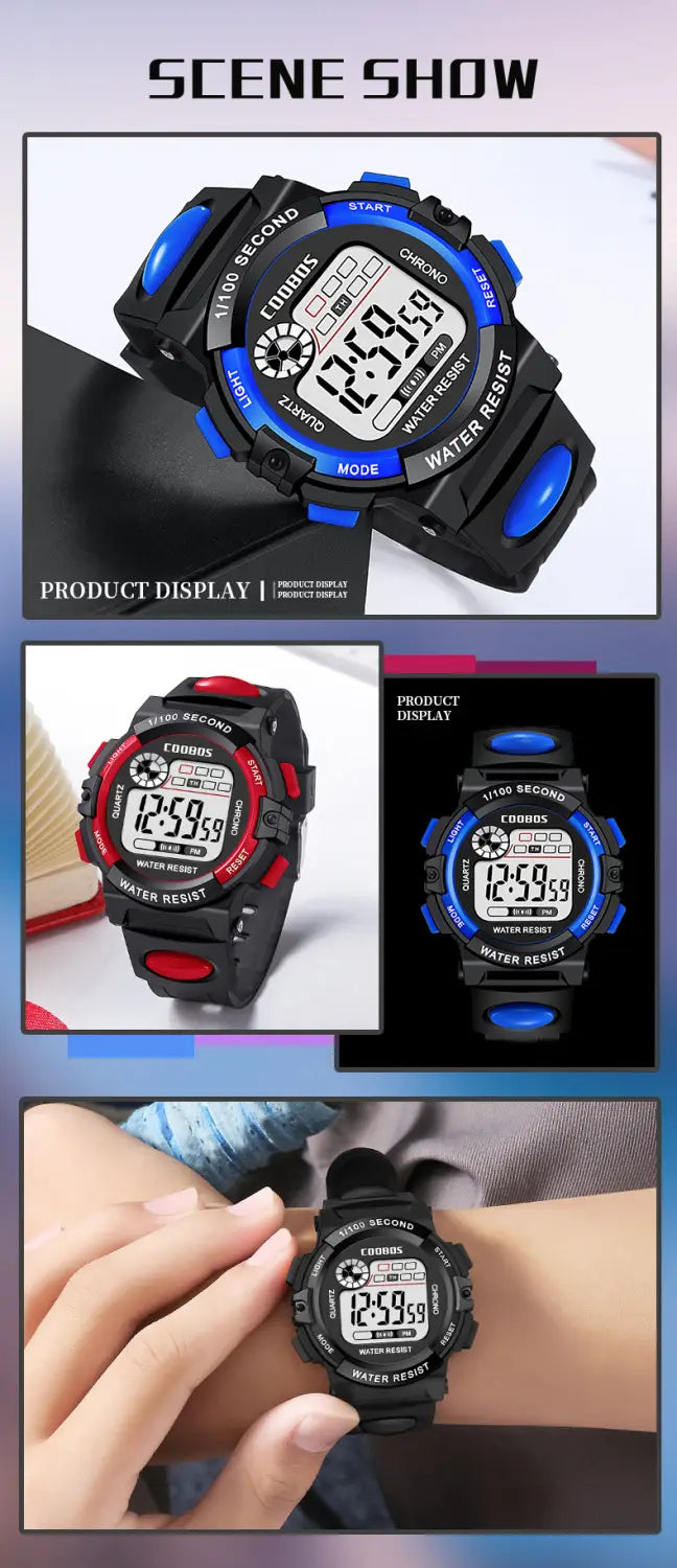 Black digital kids watch with blue accents and a durable rubber strap featuring bold numerals on the display designed as a waterproof led sports wristwatch.