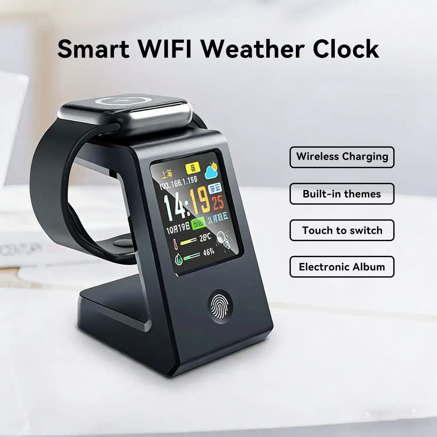 Black smartwatch with a sleek modern design and rectangular digital display showing time weather and other data in a Wifi Weather Clock wireless charger desk stand.