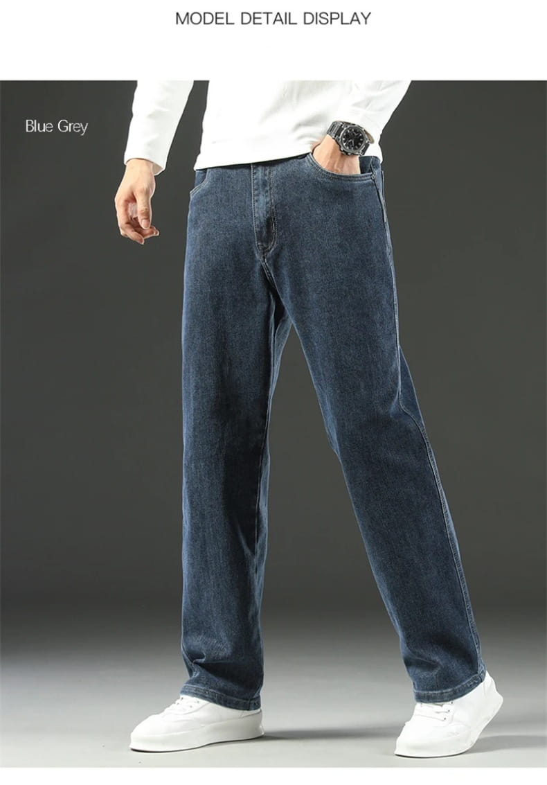 Men’s loose straight business casual jeans in blue grey denim with a relaxed fit and classic five-pocket design.
