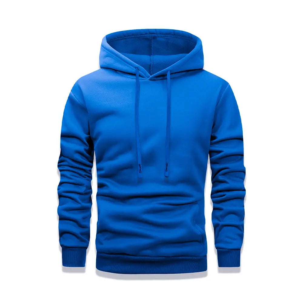 Leuchtend königsblauer Herren-Fleece-Pullover-Hoodie mit weich strukturierter Beschaffenheit und passenden Kordelzügen, für den lässigen Wintergebrauch ausgelegt.