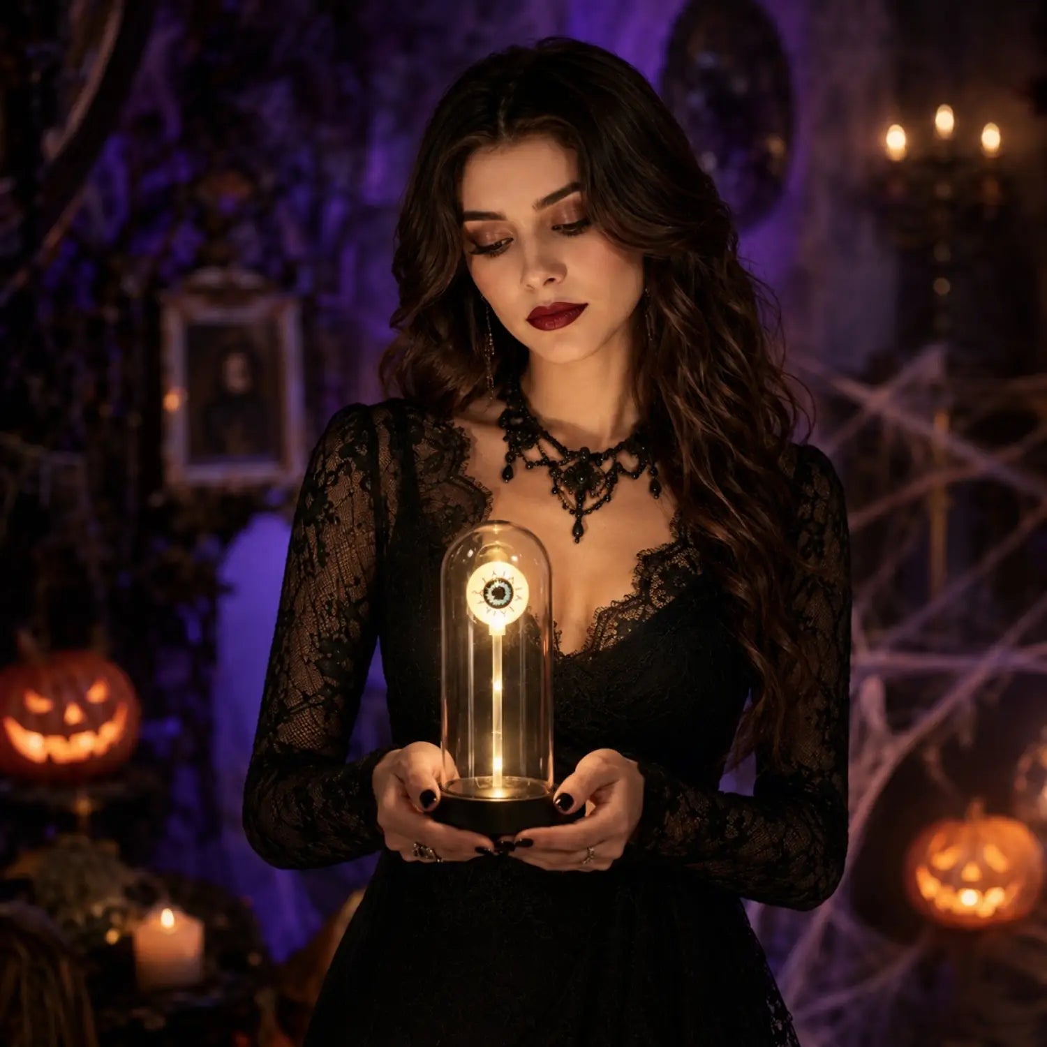 a glowing eye-shaped halloween lights decorations centerpiece encased in a clear glass dome with a black base designed for halloween lights use