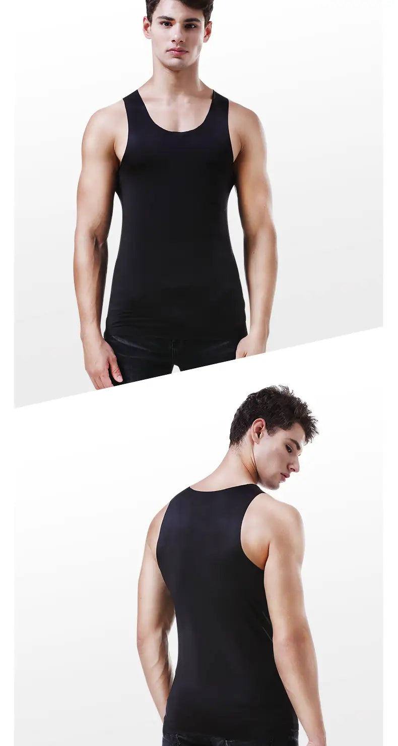 Débardeur de sport pour hommes en soie de glace, sans coutures, noir, sans manches, avec encolure arrondie et construction soignée.